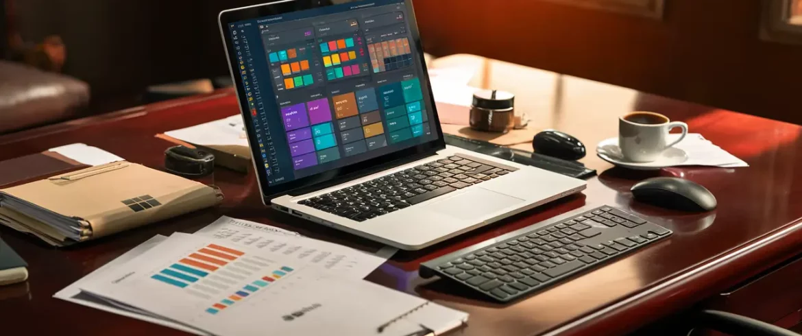 Laptop exibindo painel do Power BI em mesa de madeira com itens da Microsoft e café ao lado.