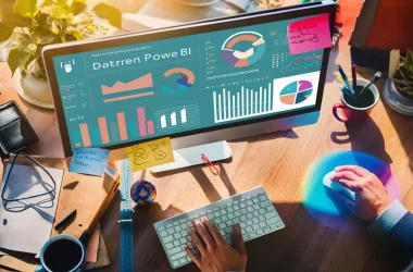 Monitor exibindo um painel colorido do Power BI com gráficos em uma mesa de madeira com teclado, mouse e plantas ao redor.