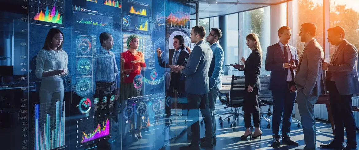Tela digital exibe painéis dinâmicos do Power BI, cercada por profissionais em um escritório moderno iluminado pelo sol.
