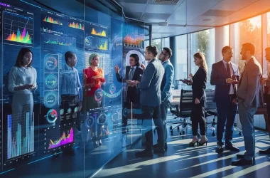 Tela digital exibe painéis dinâmicos do Power BI, cercada por profissionais em um escritório moderno iluminado pelo sol.