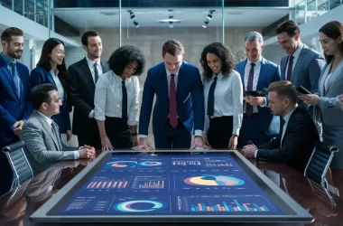 Profissionais observam um painel digital com gráficos e dados em uma sala de conferência iluminada.