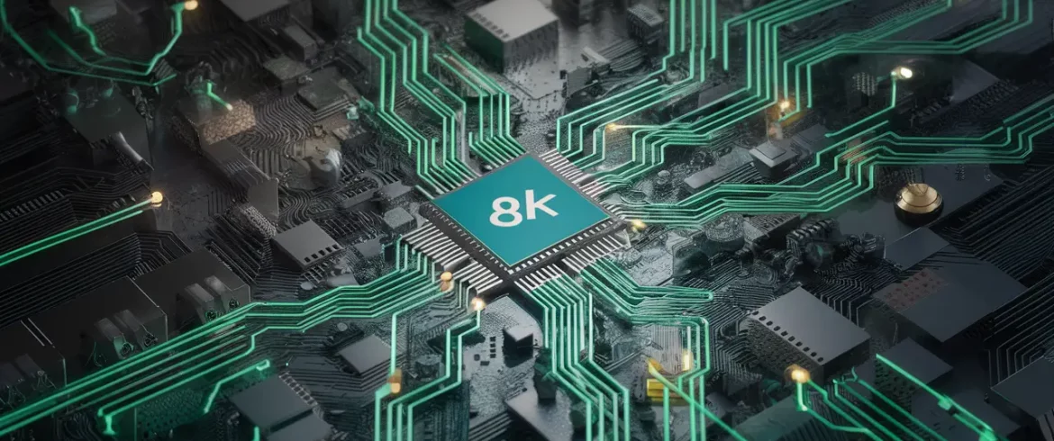 Rede de circuitos interconectados em azul e verde, com luzes piscantes, em um ambiente digital futurístico.