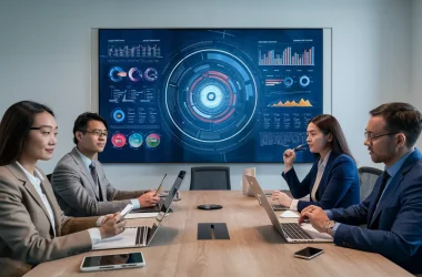 Pessoas de negócios em uma sala de conferência assistindo visualizações de dados em uma tela digital grande.