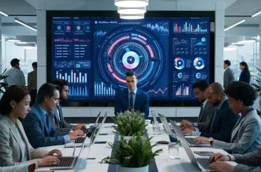 Tela digital com painel de inteligência empresarial colorido e funcionários trabalhando em laptops ao redor da mesa.