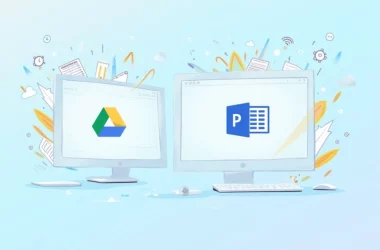 Computador exibindo logo do Google Drive e Power BI, com setas dinâmicas para simbolizar integração.