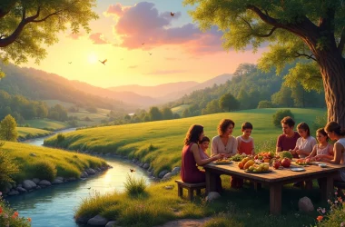 Grupo diverso de pessoas em torno de uma mesa de madeira em uma floresta ao pôr do sol, simbolizando a conexão com a natureza.