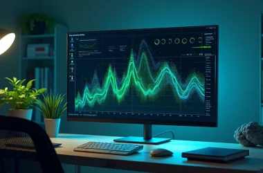 Tela do Power BI mostrando gráficos de usinas de energia e ícones de inteligência artificial em um escritório moderno.