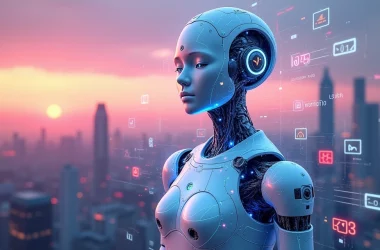 Figura futurista da inteligência artificial QwQ-32B, com detalhes tecnológicos e um skyline moderno ao fundo.