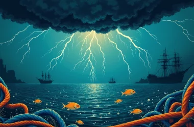 Rede de cabos submarinos ameaçada por nuvens escuras e raios no fundo do mar.