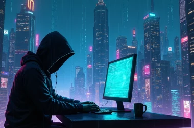 Cidade ciberpunk à noite, figura digitando em computador, códigos digitais flutuando, ameaças cibernéticas.