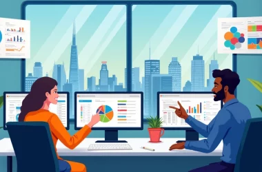 Ambiente de escritório vibrante dedicado à análise de dados com colaboração de profissionais trabalhando com Power BI.