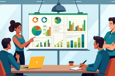 Grupo de profissionais em um escritório moderno trabalhando com um dashboard do Power BI.