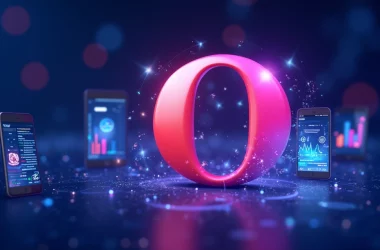 Integração do logo Opera Mini com elementos digitais representando inteligência artificial.