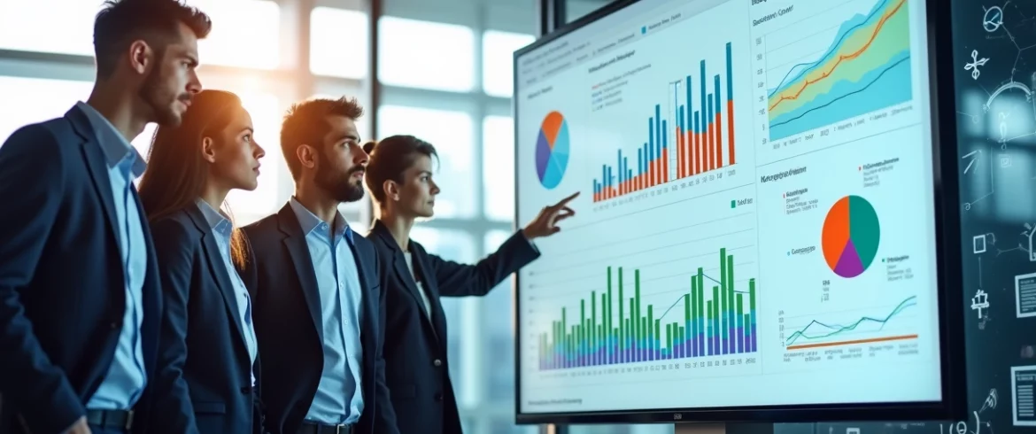 Interface do Power BI com gráficos coloridos e pessoas analisando dados em um ambiente moderno.