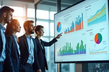 Interface do Power BI com gráficos coloridos e pessoas analisando dados em um ambiente moderno.