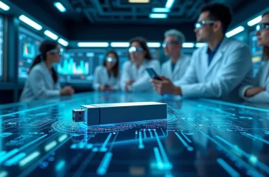 Laboratório futurista apresentando um novo dispositivo de memória flash PoX com cientistas e tecnologia avançada.