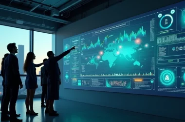 Painel digital de dados com gráficos coloridos em um escritório moderno com profissionais analisando as informações.
