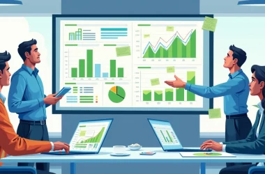Grupo de profissionais em uma sala de reunião analisando um painel do Power BI com gráficos coloridos.