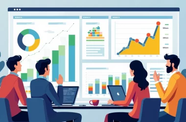 Ilustração de uma equipe de profissionais discutindo sobre redução de custos com Power BI Embedded em um escritório moderno.