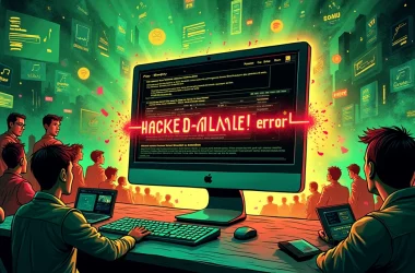 Imagem representando uma tela do Spotify sendo hackeada, com mensagens de erro e um ambiente caótico digital.