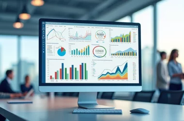 Dashboard digital mostrando gráficos de vendas e resultados em tela de computador com ambiente de escritório moderno ao fundo