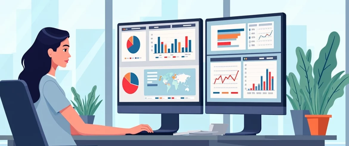 Gestor analisando dashboard de custos de BI em múltiplas telas com gráficos e tabelas coloridas