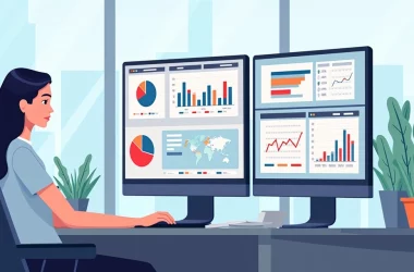 Gestor analisando dashboard de custos de BI em múltiplas telas com gráficos e tabelas coloridas