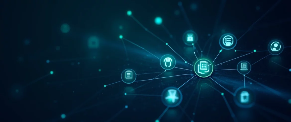 Ilustração mostrando conexões entre diferentes sistemas de BI, ERP e CRM com ícones conectados por linhas digitais azuis e verdes