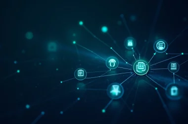 Ilustração mostrando conexões entre diferentes sistemas de BI, ERP e CRM com ícones conectados por linhas digitais azuis e verdes