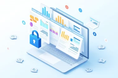 Ilustração mostrando múltiplas versões de relatórios de BI organizadas em uma interface digital, com gráficos e controles de permissão visíveis